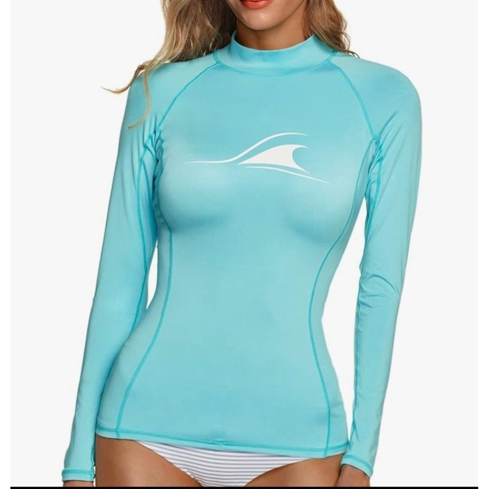 Tesla Rash Guard Women Medium Aqua Blue Long Sleeve Mock Neck Athletic Swim